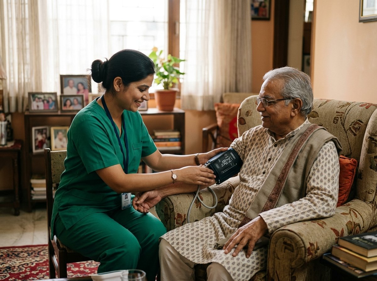 Indian home healthcare nurse measuring blood pressure of senior grandfather at home