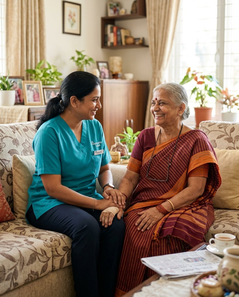 Indian female caregiver warmly supporting an elderly Indian grandmother in living room